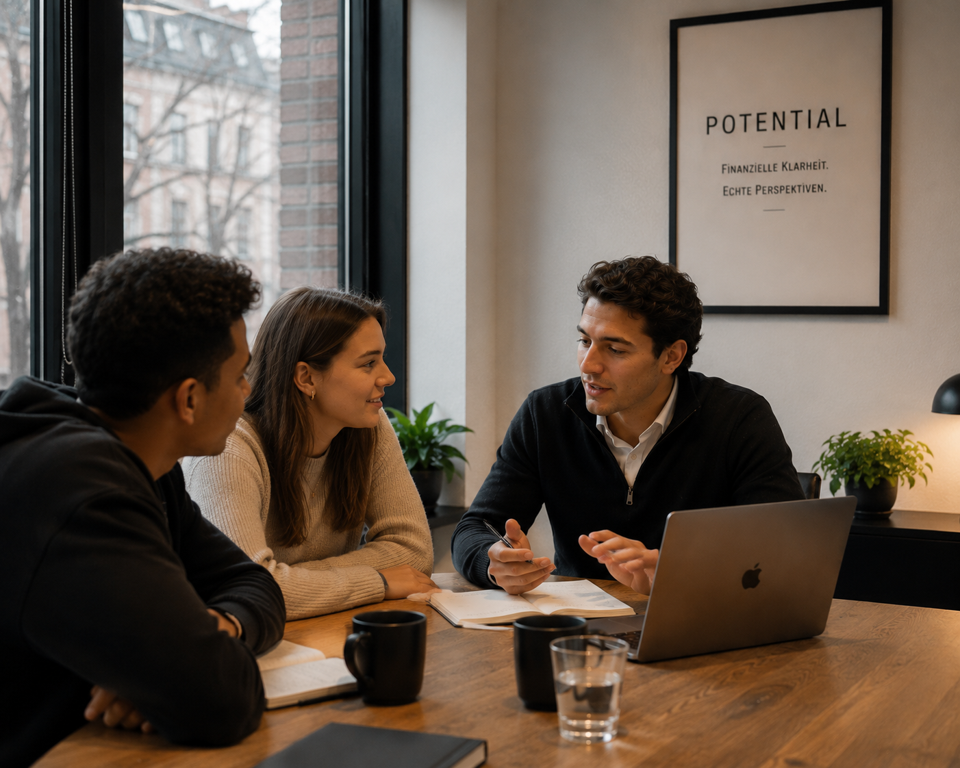 Finanzberater im Gespräch mit einer Studentin in einem Hamburger Büro